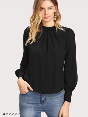 SHEIN Black Pleated Mock Neck Long Sleeve Blouse